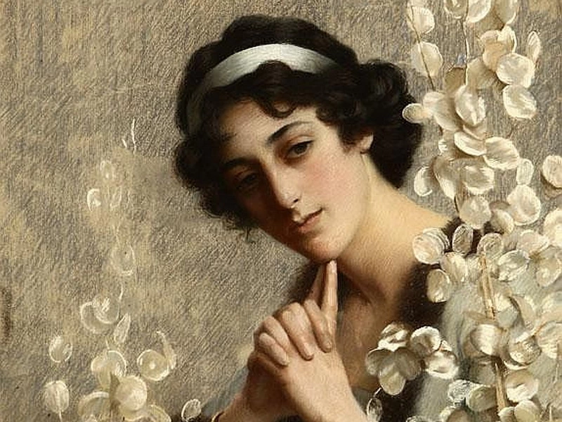 1822-John Leighton - Donna edoardiana seduta su una poltrona che ammira una composizione floreale